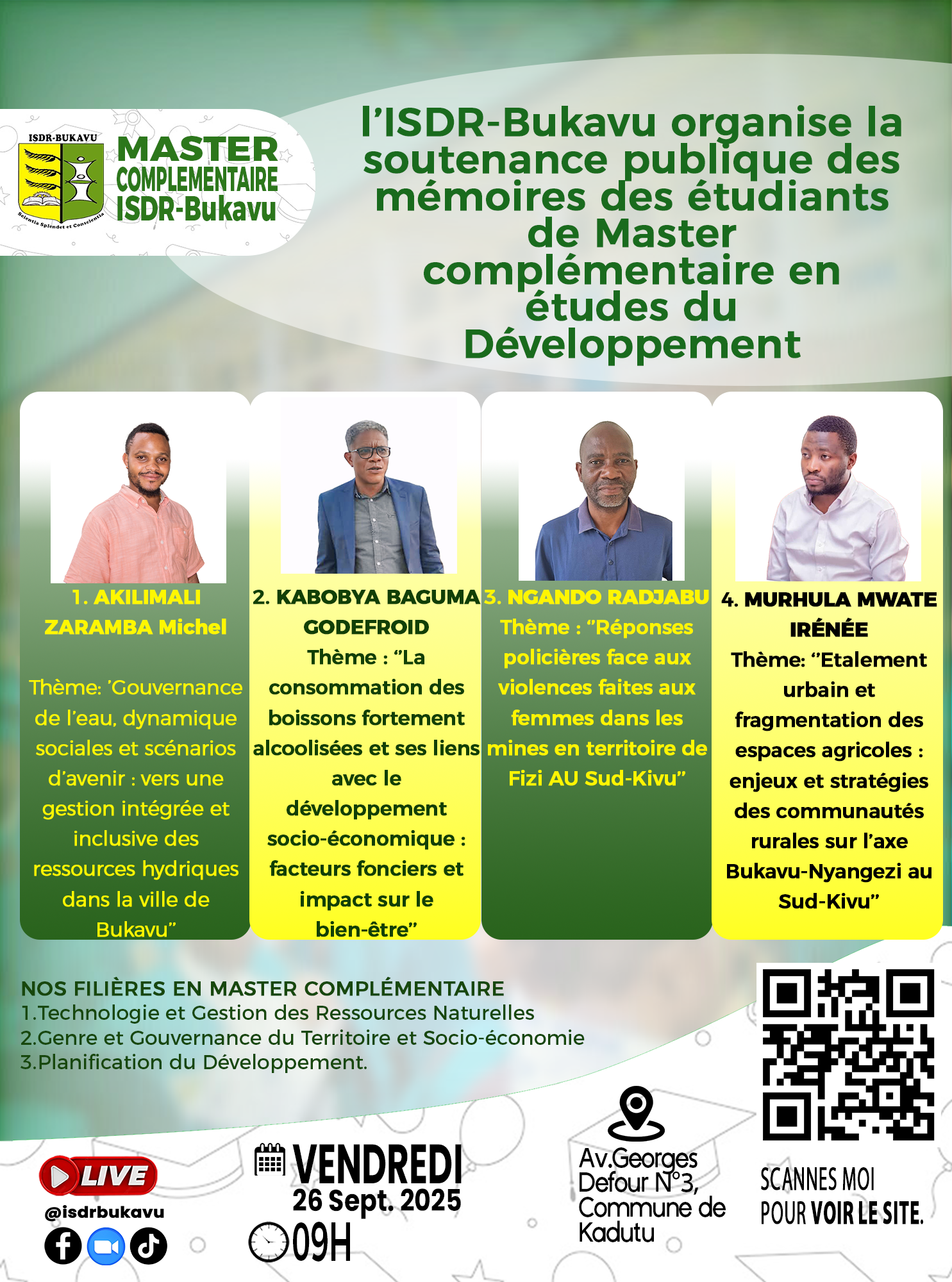 Soutenances publiques des mémoires de Master complémentaire en Études du Développement, première cohorte, année 2023-2024.